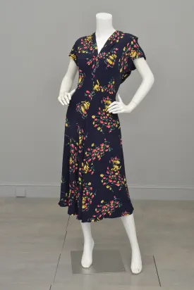 1940s Floral Print Sheer Back Draped Novelty Print Dress