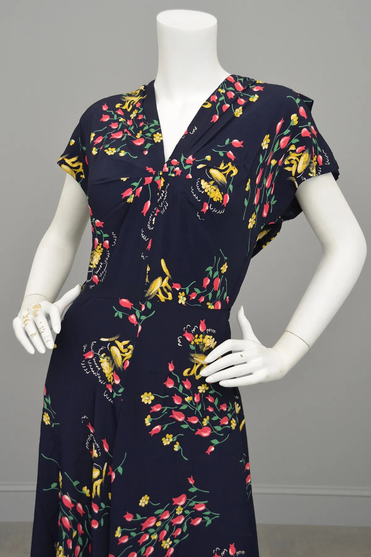 1940s Floral Print Sheer Back Draped Novelty Print Dress