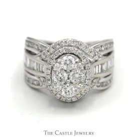 2cttw Oval Cluster Ring with Multiple Rows of Baguette & Round Diamond Accents