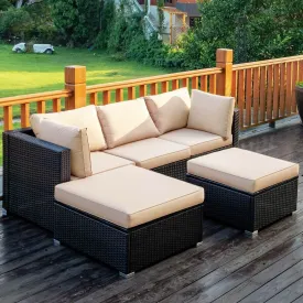 5pc Wicker Rattan Patio Sofa Set with Cushion and Ottoman - Beige