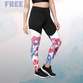 Abstract Patriotic Floral Pattern Sports Leggings