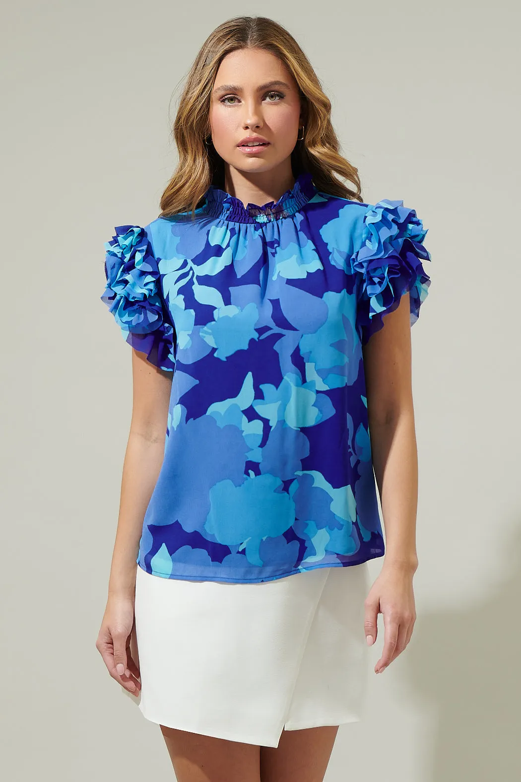 Algeria Floral Brenna Mock Neck Ruffle Blouse