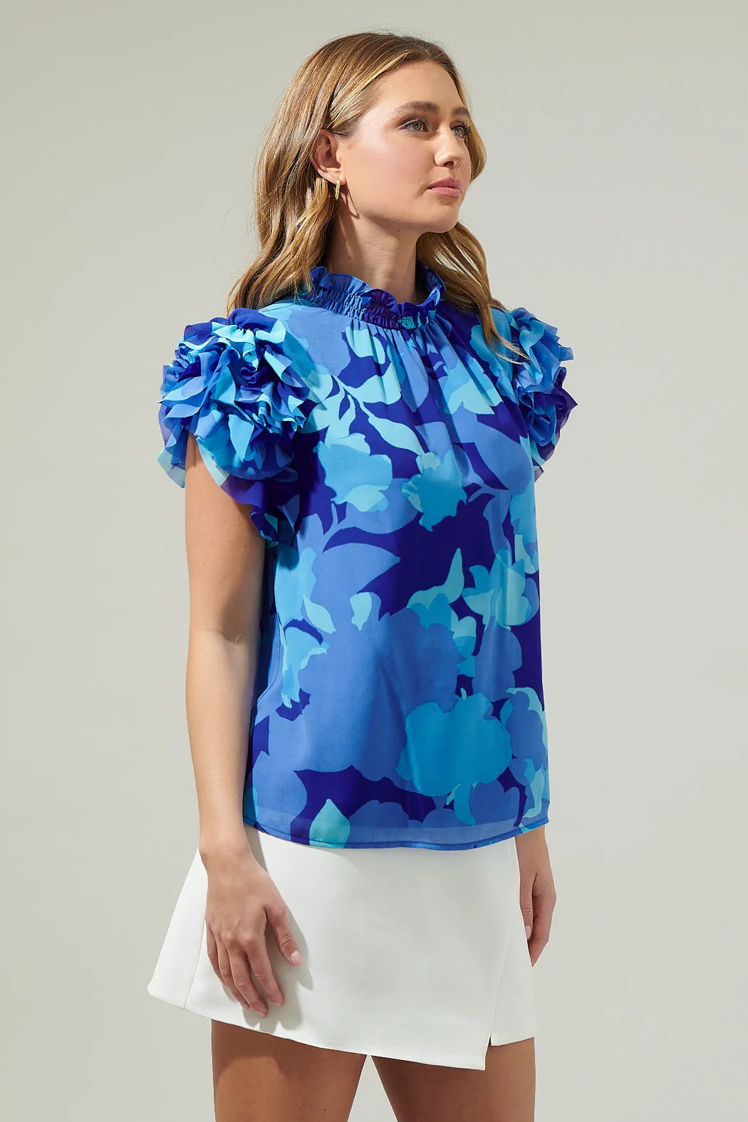 Algeria Floral Brenna Mock Neck Ruffle Blouse