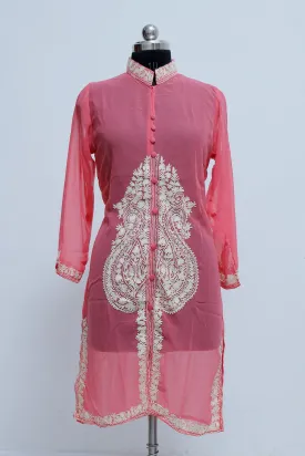 Alluring Pink Colour Georgette Kashmiri Aari Work Designer Tunics