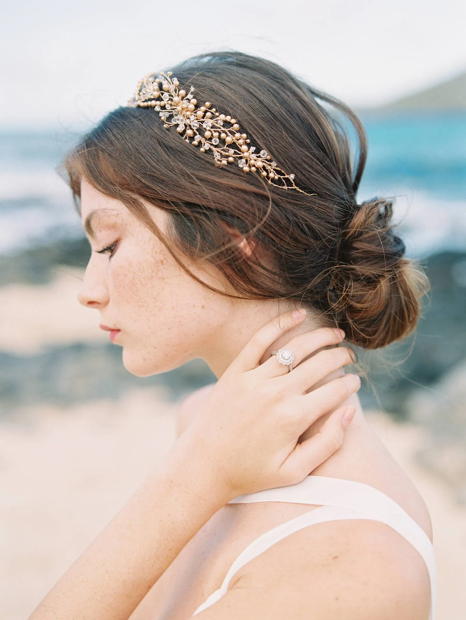 AMIRA | Crystal and Gold Pearl Wedding Crown