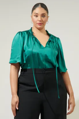 Angela Satin Tie Neck Flutter Sleeve Blouse Curve