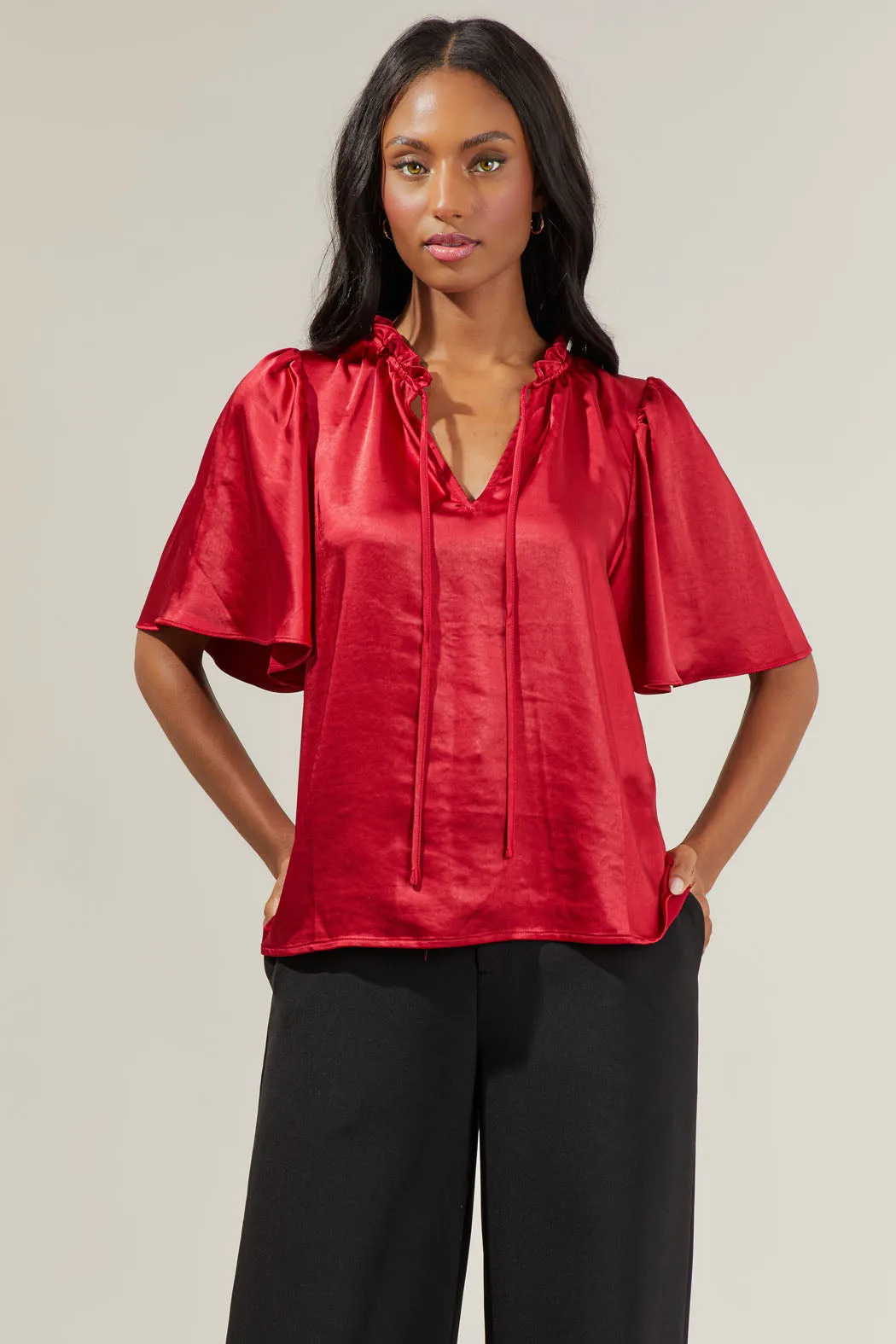 Angela Satin Tie Neck Flutter Sleeve Blouse