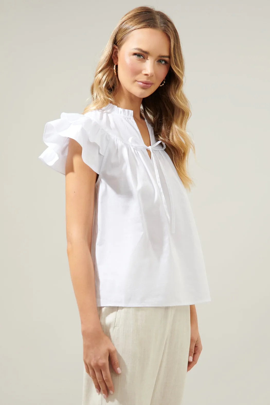 Anya Poplin Ruffle Tie Front Blouse