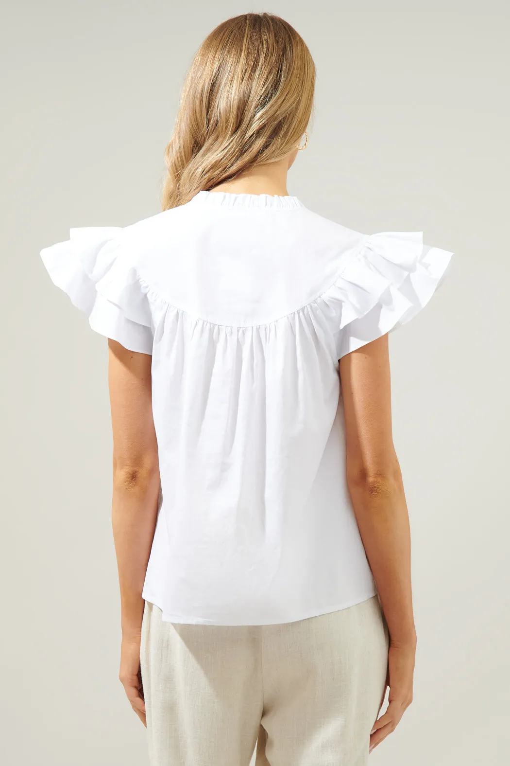 Anya Poplin Ruffle Tie Front Blouse