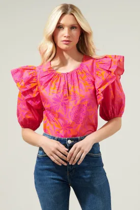 Bali Tropics Flores Poplin Ruffle Short Sleeve Top