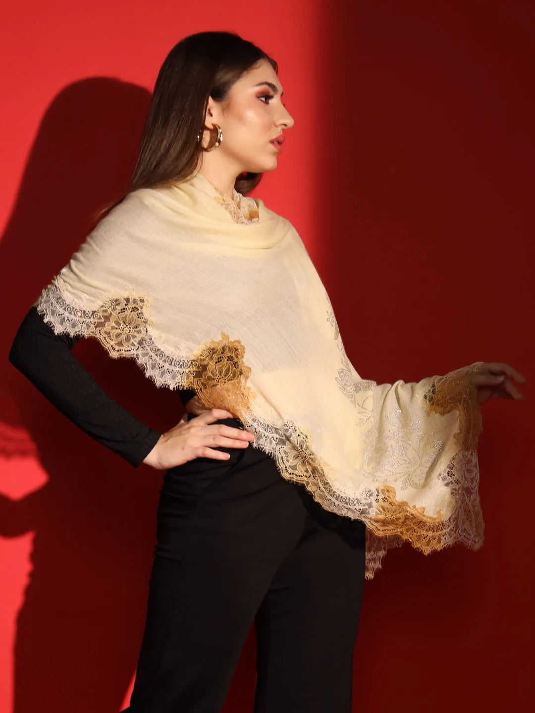 beige shawl with lace and swarovski-ladies kashmiri shawl