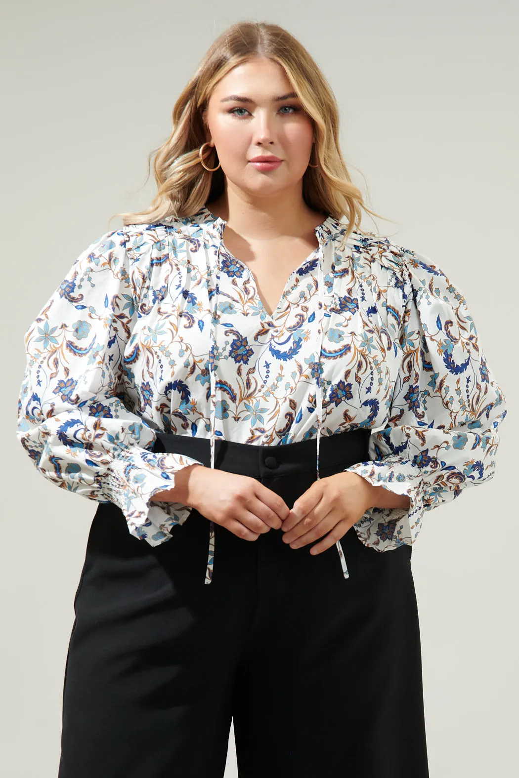 Blanche Floral Russo Pleated Long Sleeve Blouse Curve