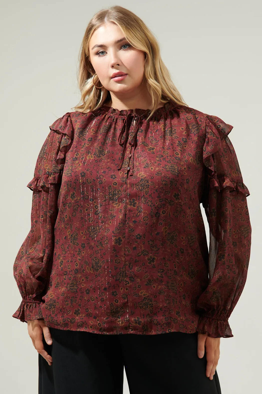 Carmina Beau Floral Marquette Henley Blouse Curve