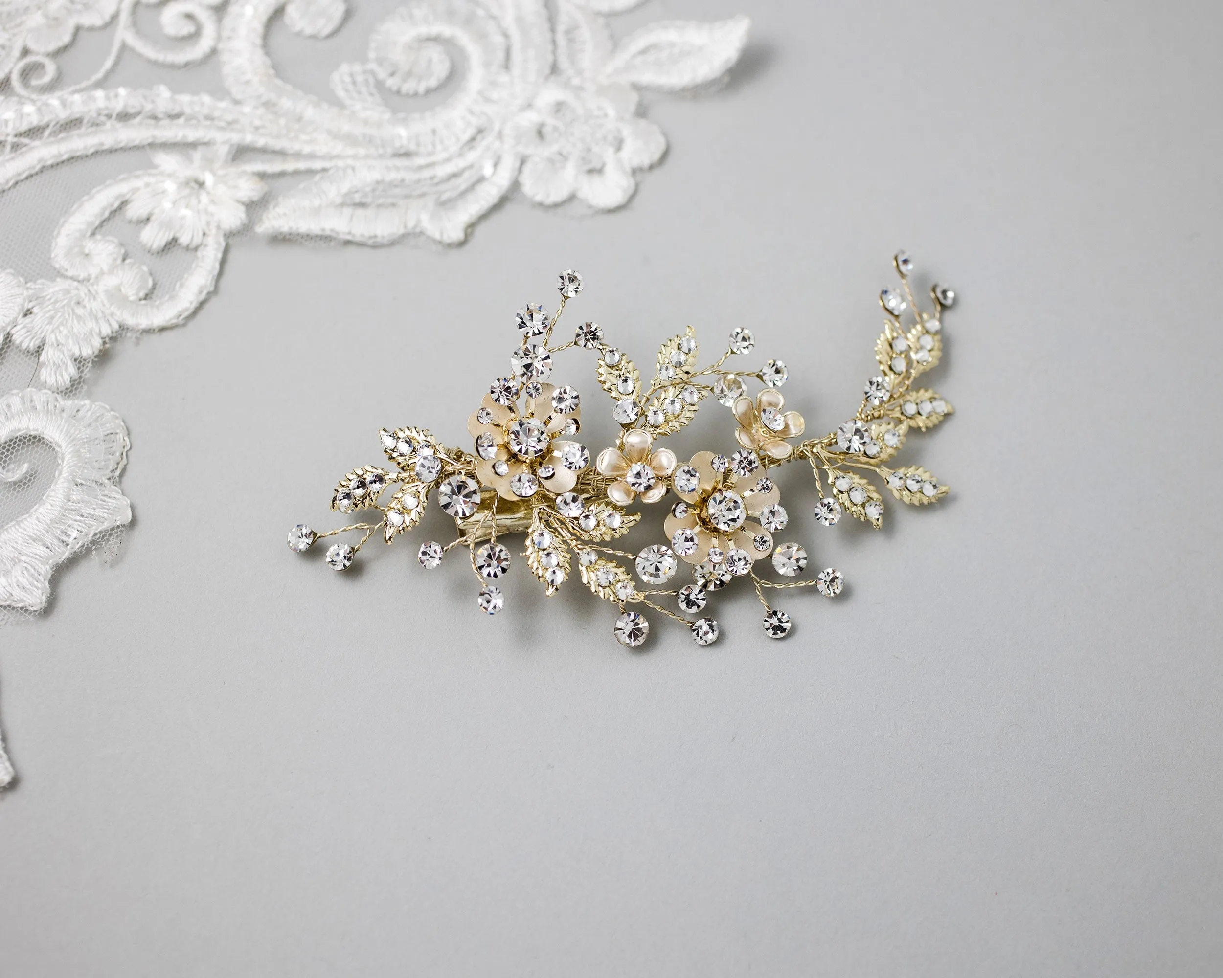 Gold Flower and Leaf Wedding Hair Clip