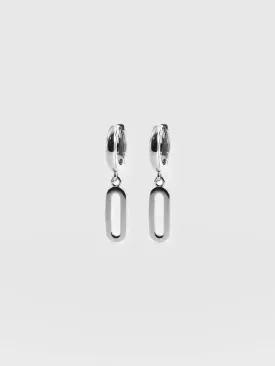 Oval Charm Drop Huggie Earrings - Silver