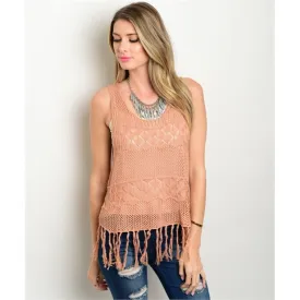 Women's Top Lace Fringe Trim Sleeveless